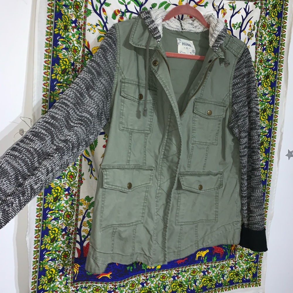 MUDD Utility Jacket with Knit Sleeves and Hood